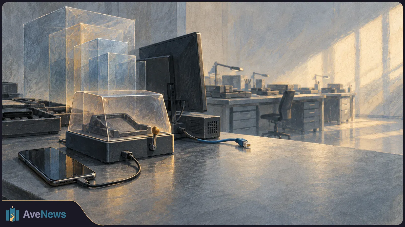 In a sunlit office, a phone is cabled to a device under a clear cover, beside a monitor and an unplugged blue network cable. SI illustration