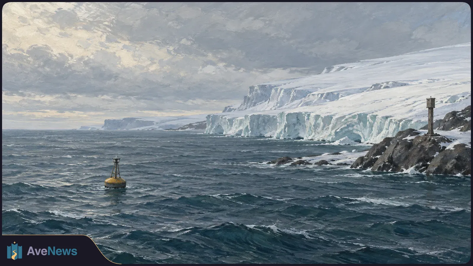 Painted seascape with choppy dark water, a small buoy, rocky shore and broad ice cliffs beneath a cloudy sky. SI illustration