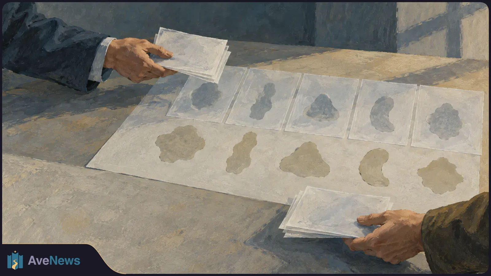 Illustration of two pairs of hands holding stacks of translucent sheets over a table covered with rows of pale papers bearing abstract gray shapes. SI illustration
