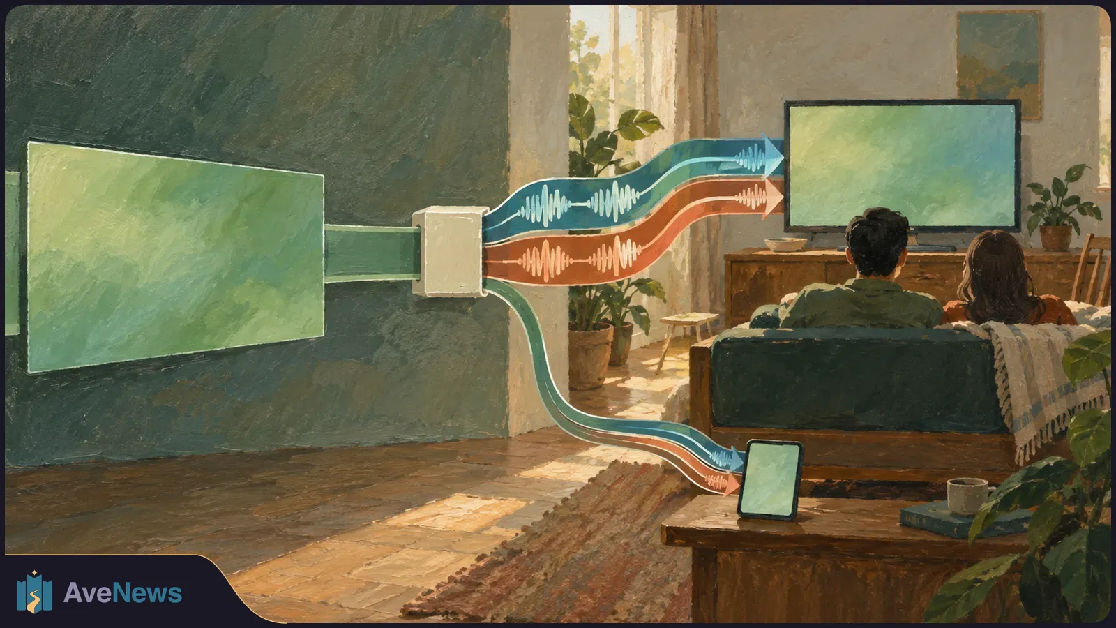 Illustration of two people on a sofa facing a TV, with colored audio-wave arrows flowing from a screen on the left toward the TV and a tablet. SI illustration