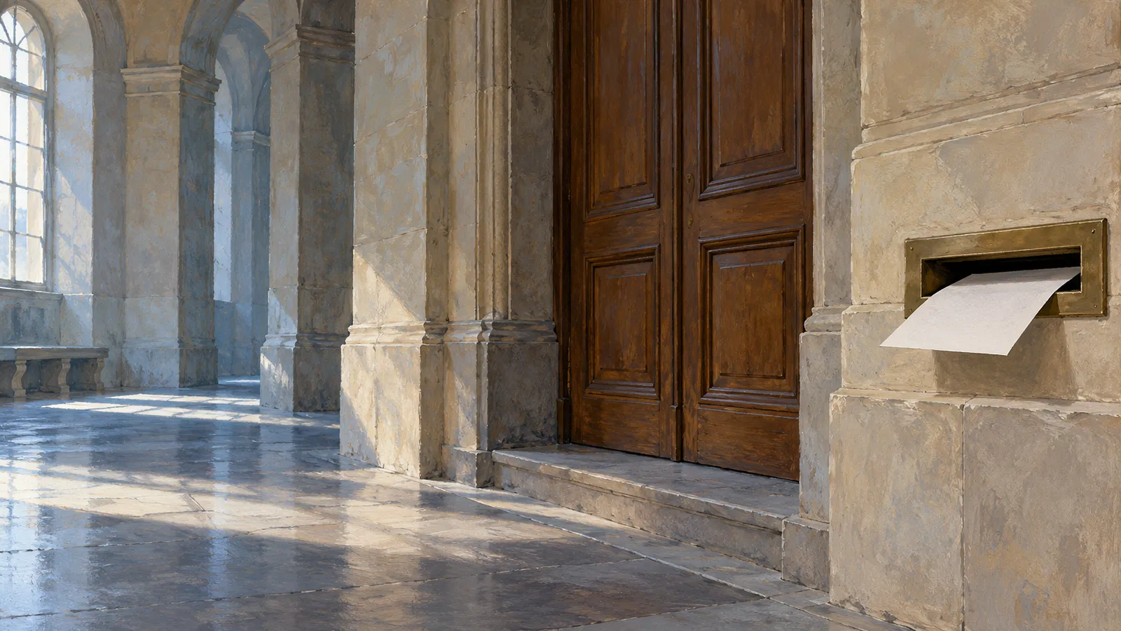 A sheet of paper protrudes from a brass slot beside closed wooden doors in a sunlit stone corridor with arches and a tall window. SI illustration