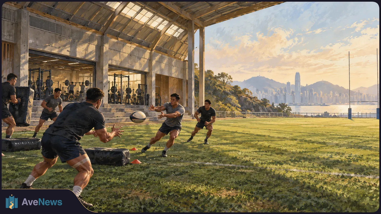 Painterly scene of rugby players passing a ball on a grassy training field beside an open gym, with a waterfront skyline and mountains beyond. SI illustration