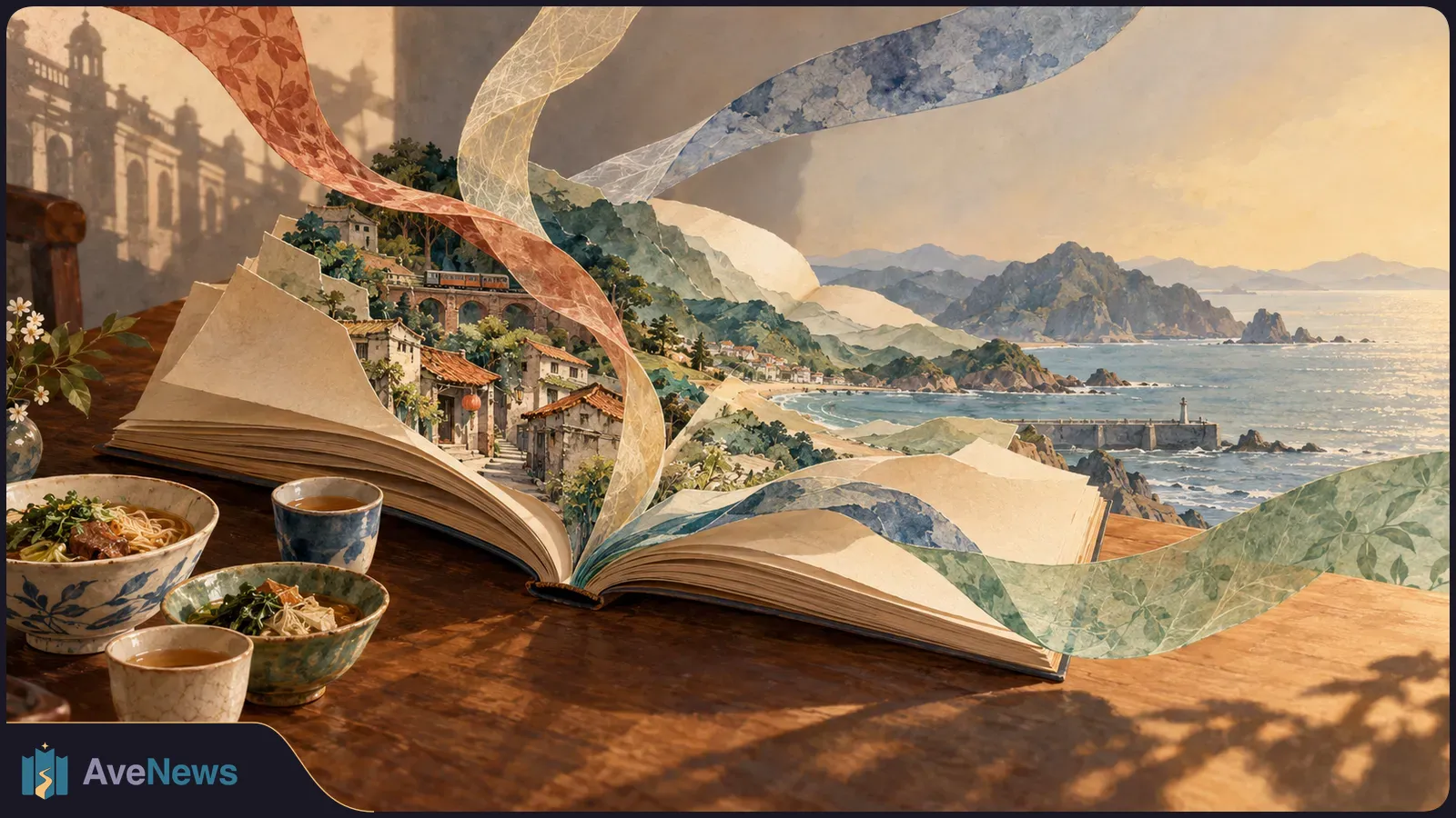 An open book on a wooden table unfolds into a coastal village and mountains. Bowls of noodles and cups of tea sit beside it as patterned ribbons sweep overhead. SI illustration