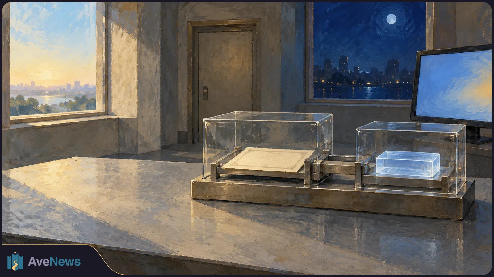 Painted room with a sunlit window and a moonlit city view. Two connected clear cases hold a blank pale sheet and a glowing blue block; a blank screen stands nearby. SI illustration