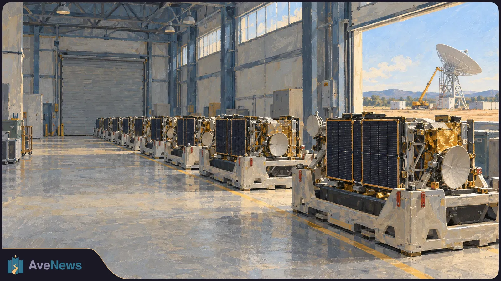 Rows of satellite units with dark solar panels stand inside a large hangar. A dish antenna and crane are visible outside the open door. SI illustration