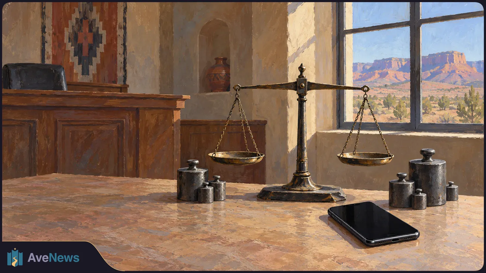 A balance scale, metal weights and a black smartphone sit on a wooden table. Sunlit desert mesas are visible through a window. SI illustration