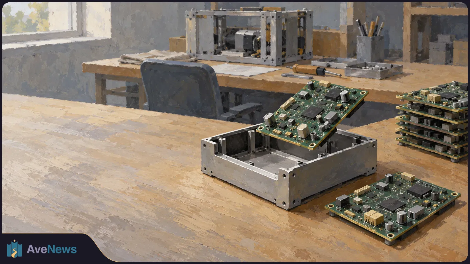 Painterly illustration of circuit boards and metal device housings on a wooden workbench, with tools and more boards in the background. SI illustration