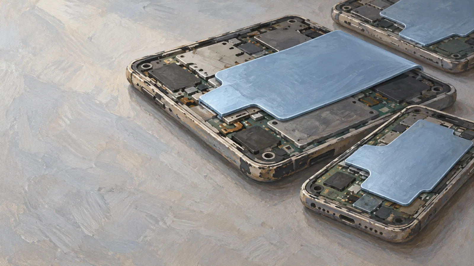 Illustration of three opened electronic devices with exposed circuit boards and pale blue metal plates on a gray surface. SI illustration