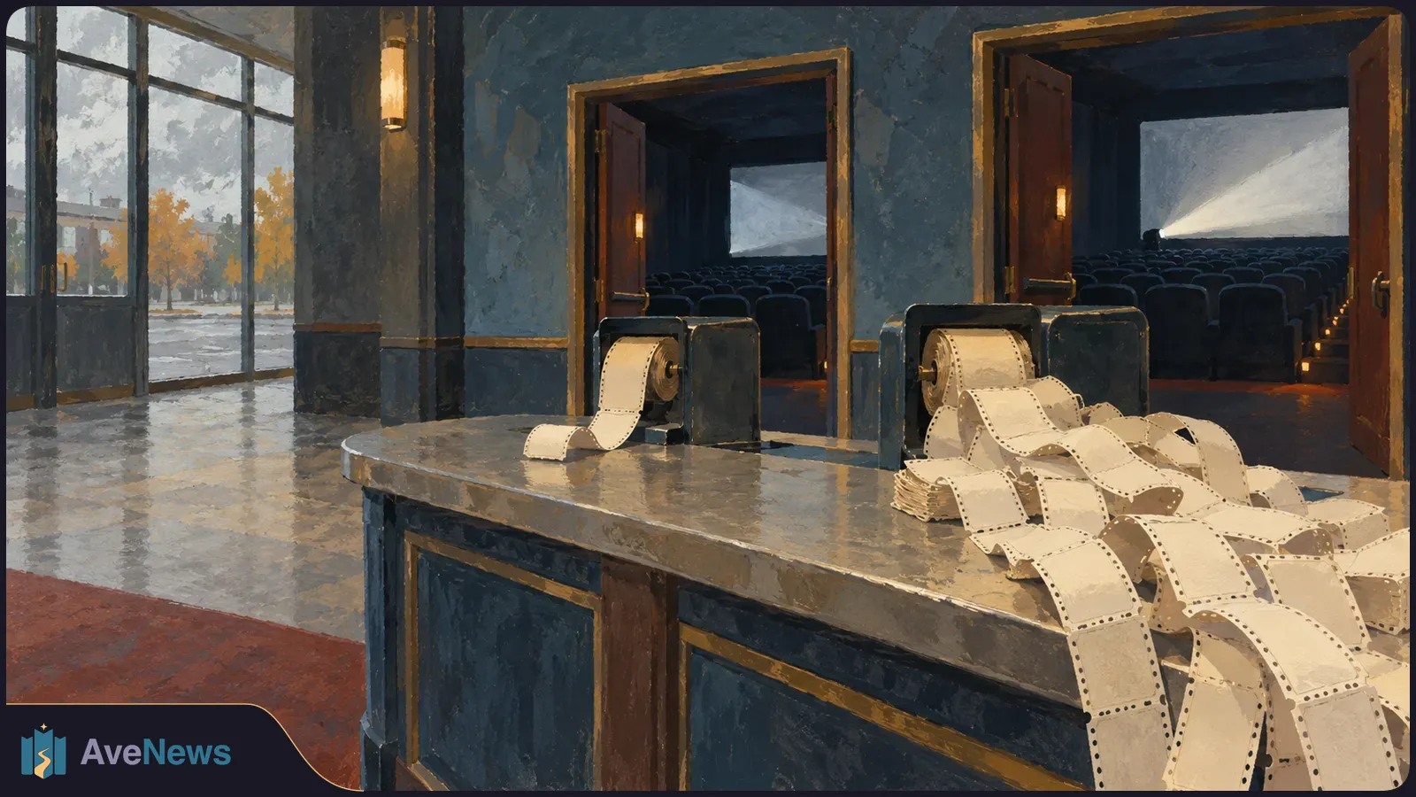 Painted cinema lobby with blank filmstrips spilling across a counter; open doors reveal two dark screening rooms with rows of seats. SI illustration