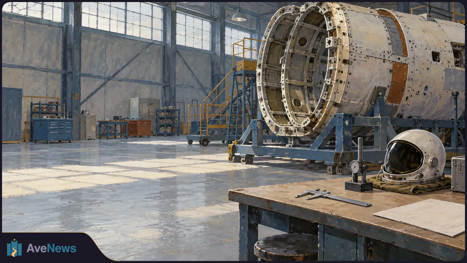 A large, open-ended metal spacecraft section rests on supports in a sunlit workshop. An astronaut helmet and measuring tools sit on a workbench in front. SI illustration