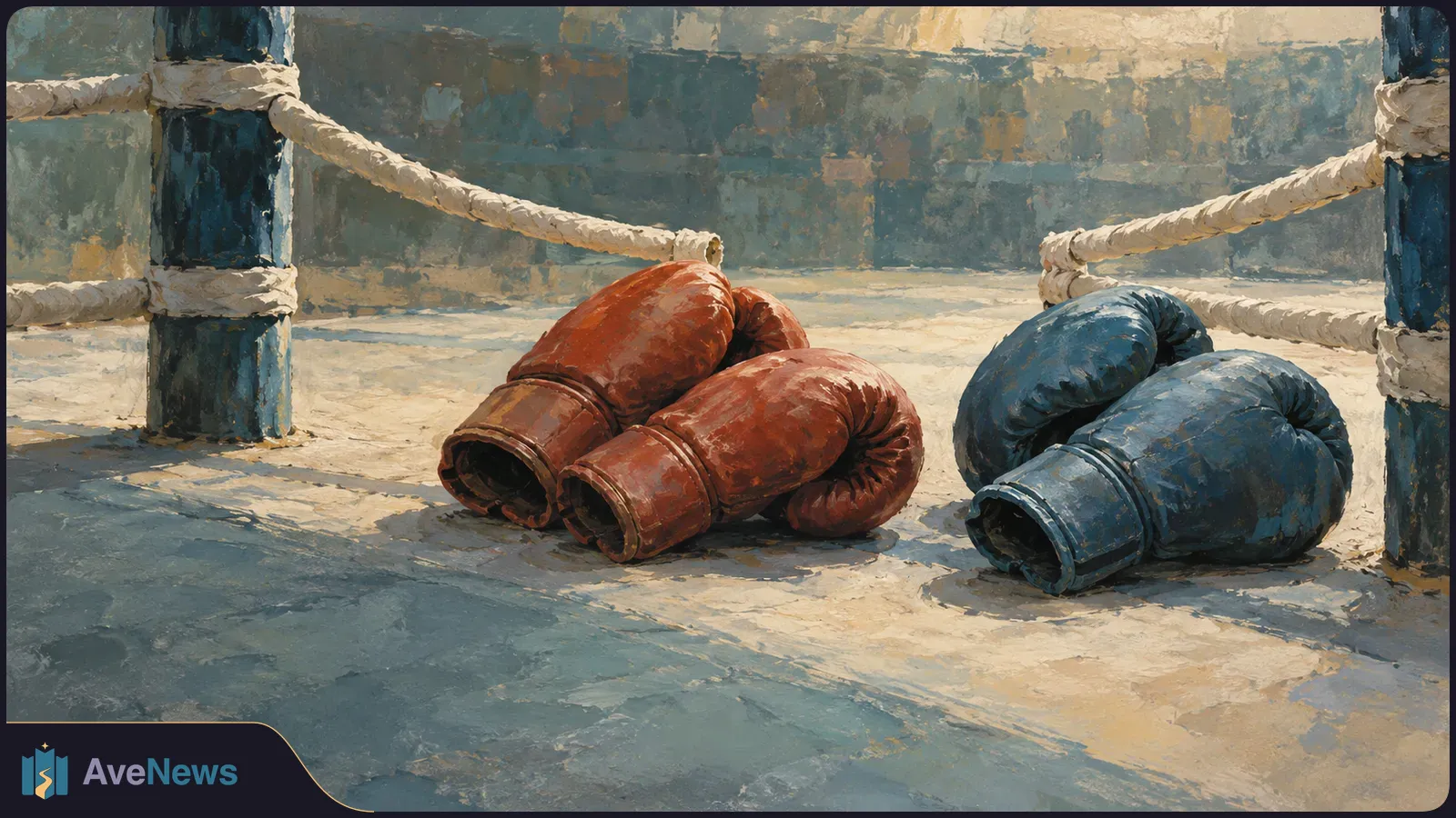 Two pairs of boxing gloves, one red and one blue, lie on the canvas inside a roped boxing ring in a painterly illustration. SI illustration