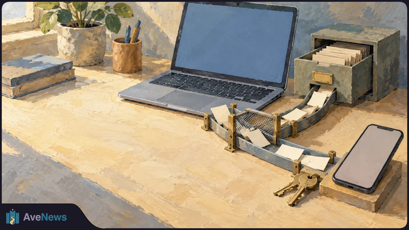 Painted desk scene with a blank-screen laptop and phone, a file drawer, and paper slips on metal tracks passing through a mesh gate. SI illustration