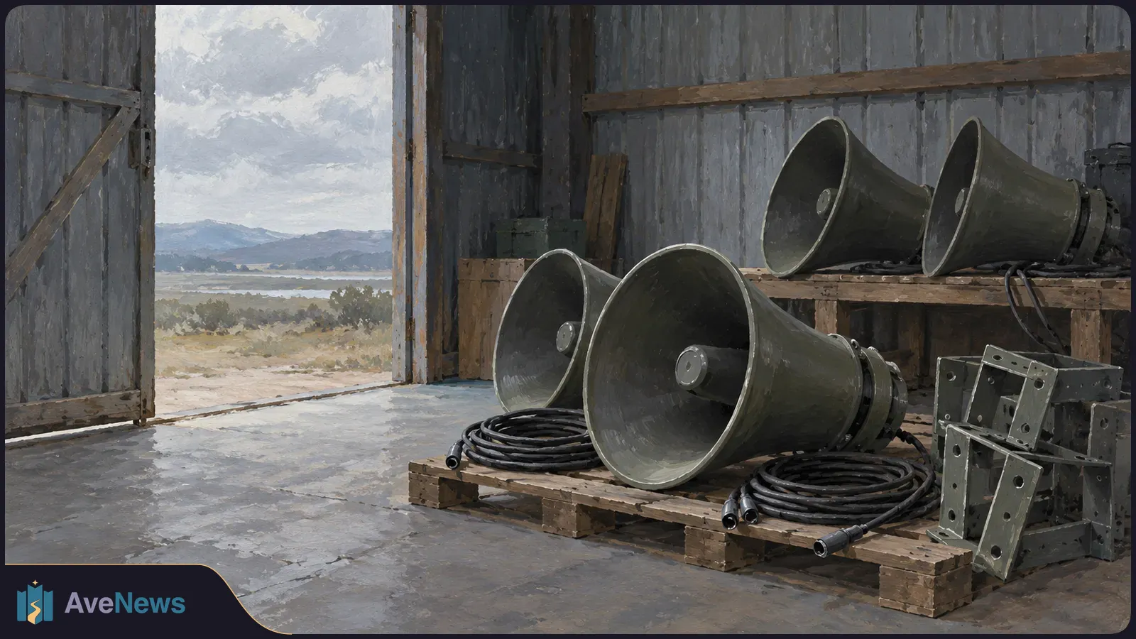 Illustration of four large loudspeakers and coiled cables on wooden pallets inside an open shed, with hills and a cloudy sky beyond the doorway. SI illustration