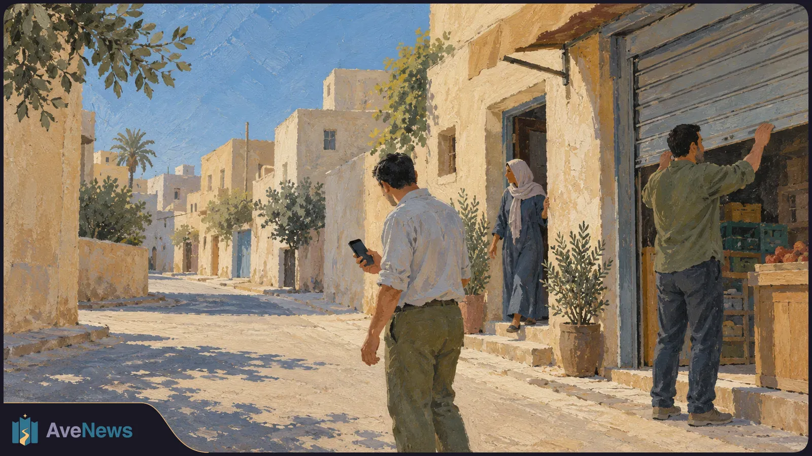 Painted sunlit street with beige buildings. A man looks at his phone, a woman stands in a doorway, and another man lifts a shop shutter beside produce crates. SI illustration