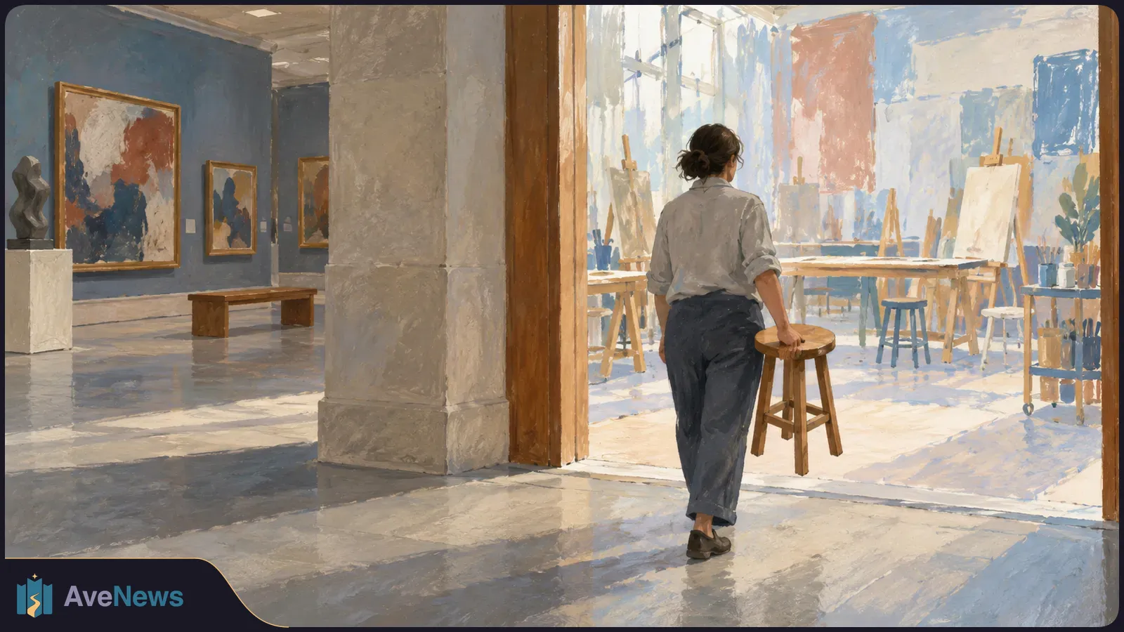 Painterly illustration of a person seen from behind beside a wooden stool, facing a bright art studio. An adjoining gallery has abstract paintings, a sculpture and a bench. SI illustration