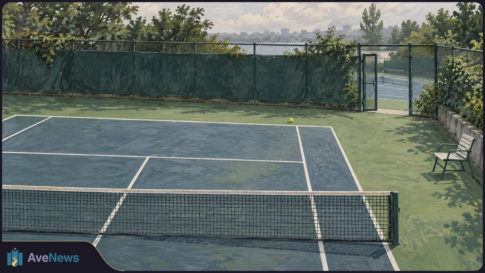 Painted view of an empty tennis court with a net in the foreground, a yellow ball near the far baseline, and a bench beside the fence. SI illustration