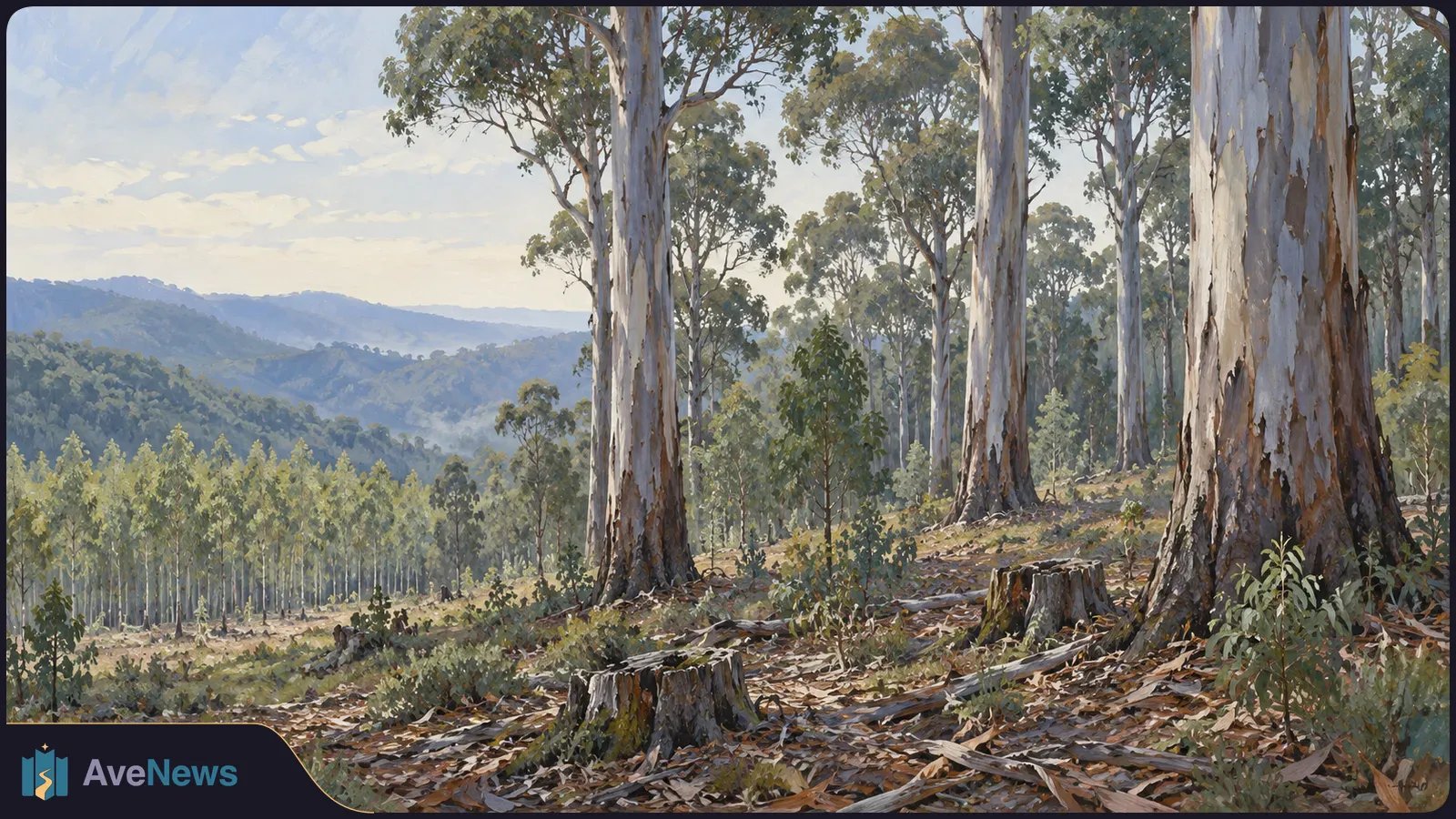 Painted forest hillside with tall pale-barked trees, cut stumps and young trees, with wooded hills in the distance. SI illustration
