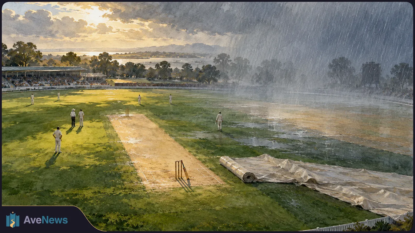 Painted cricket ground with players in white, a bat beside the near stumps, and a rolled cover as heavy rain sweeps across the field. SI illustration