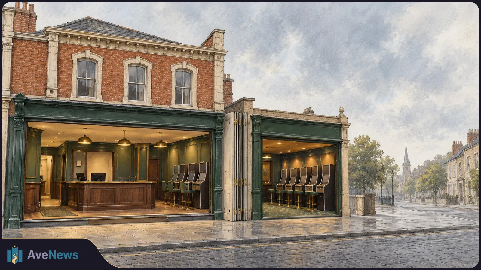 Painterly view of two open high-street gaming shops with rows of slot machines, a wooden counter and stools beside a wet cobblestone street. SI illustration