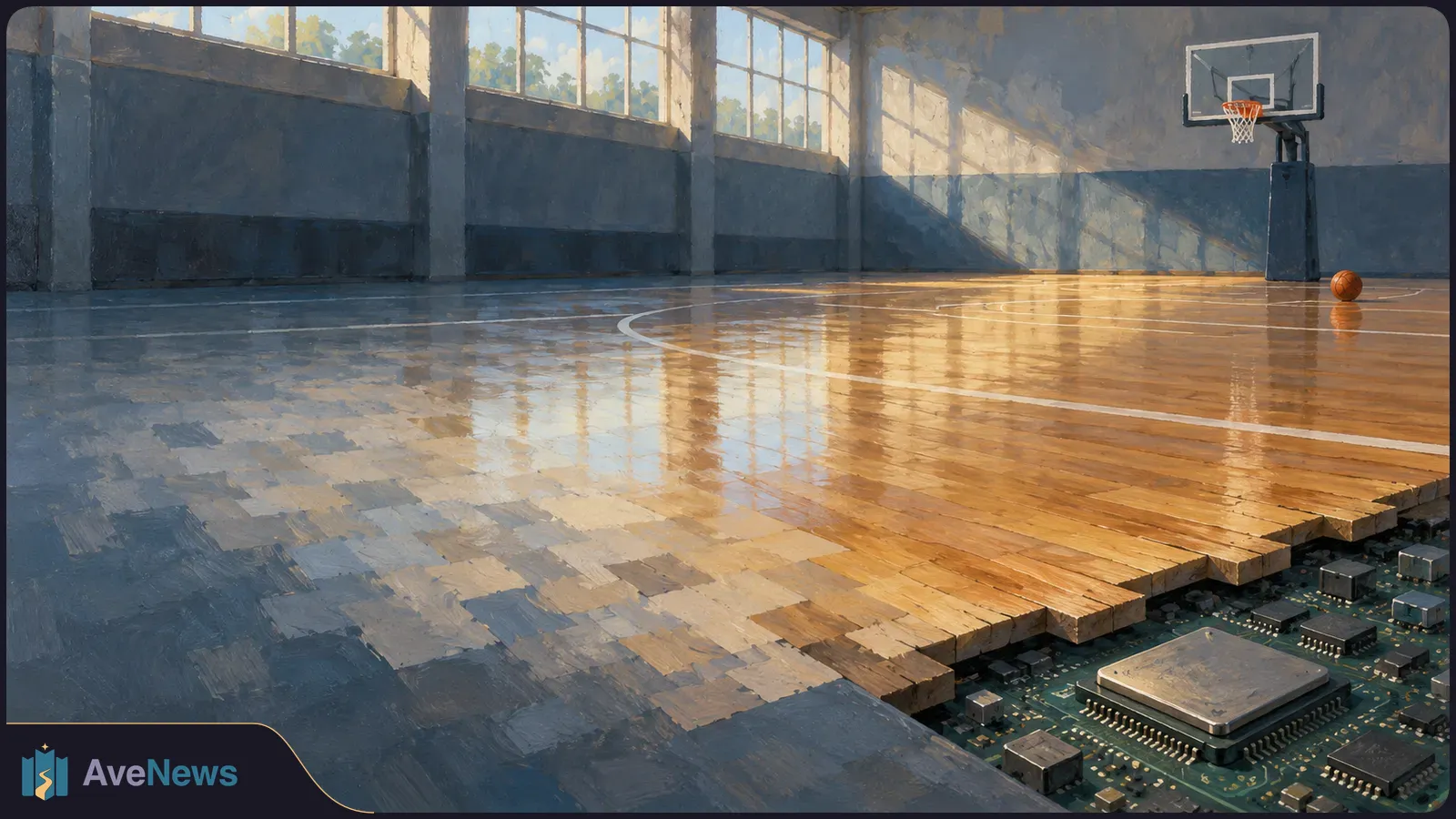 Painted empty basketball court with a hoop and ball; part of the wooden floor lifts away to reveal a circuit board and chip beneath. SI illustration