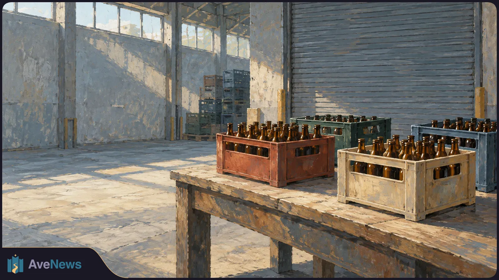 Brown glass bottles in crates on a wooden platform inside a sunlit warehouse, with a closed roller shutter behind them. SI illustration