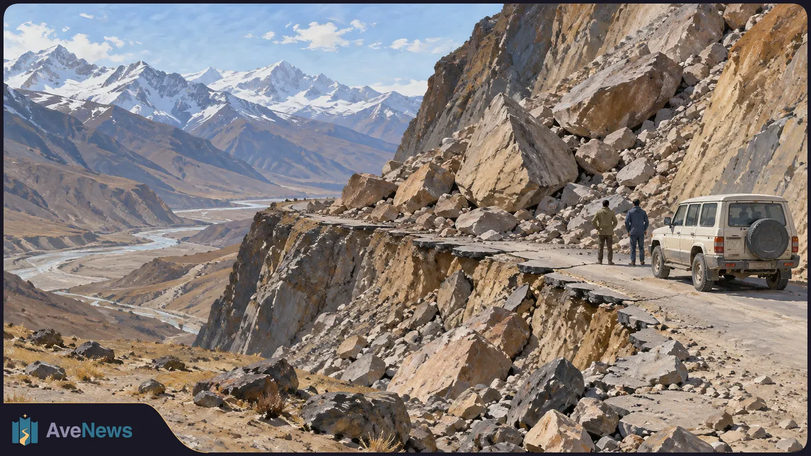 Two people stand beside an SUV on a damaged mountain road strewn with boulders, with a river valley and snow-covered peaks in the distance. SI illustration