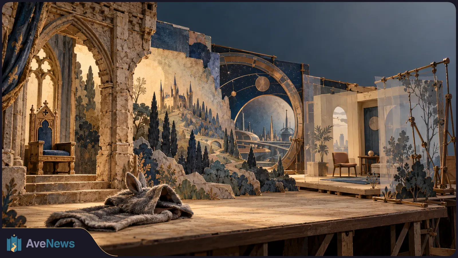A theatrical set with a stone arch and throne, painted castle and futuristic city backdrops, a modern room, and a gray, donkey-eared furry garment on the floor. SI illustration