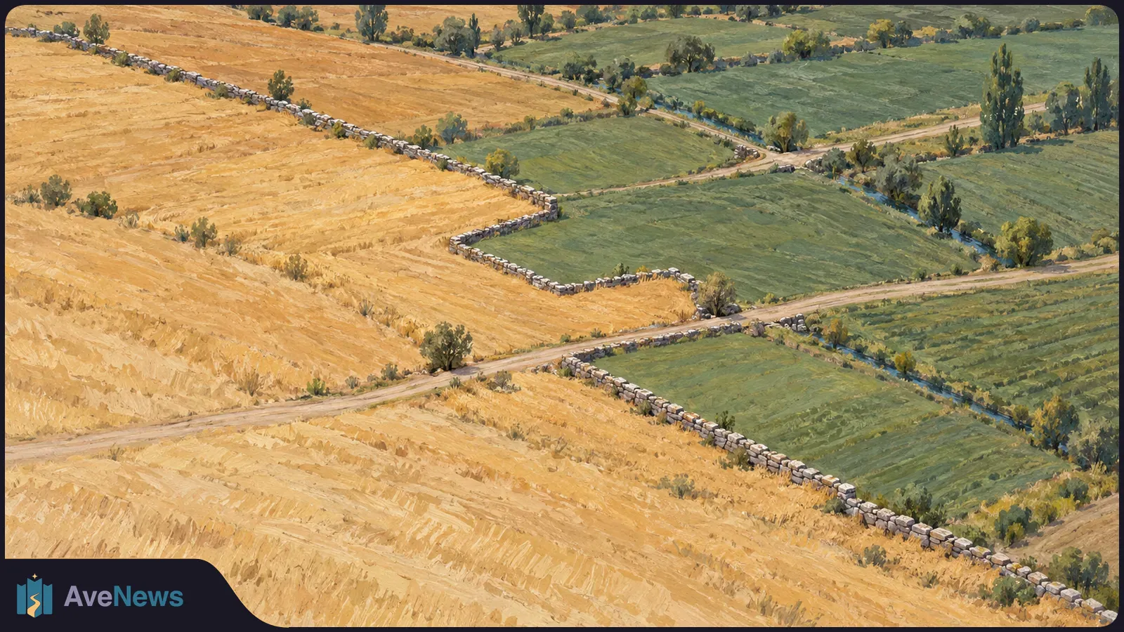 Painterly aerial view of golden and green fields divided by winding stone walls, with dirt roads crossing the landscape and trees along a narrow stream. SI illustration