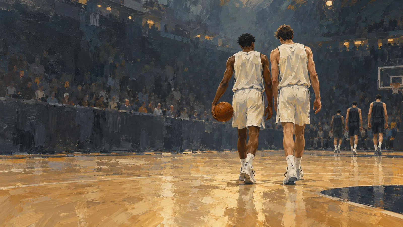 A painterly view of two basketball players in white walking across a court, one holding a ball, with players in dark uniforms and spectators in the background. SI illustration