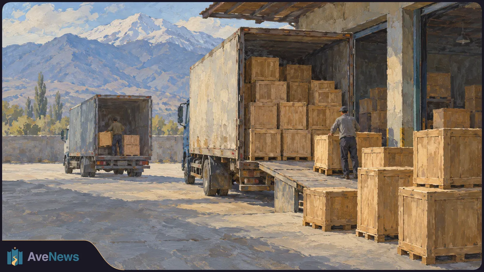 Painterly scene of two open trucks loaded with wooden crates outside a warehouse. Two workers stand by the cargo, with mountains in the background. SI illustration