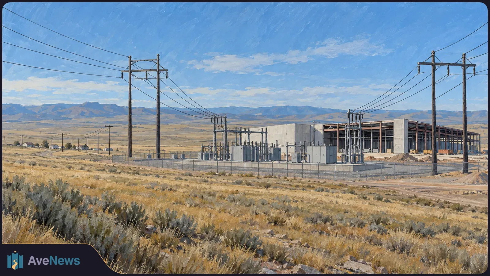 Power lines cross a dry plain toward a fenced electrical substation beside a large steel-framed building under construction, with mountains in the distance. SI illustration