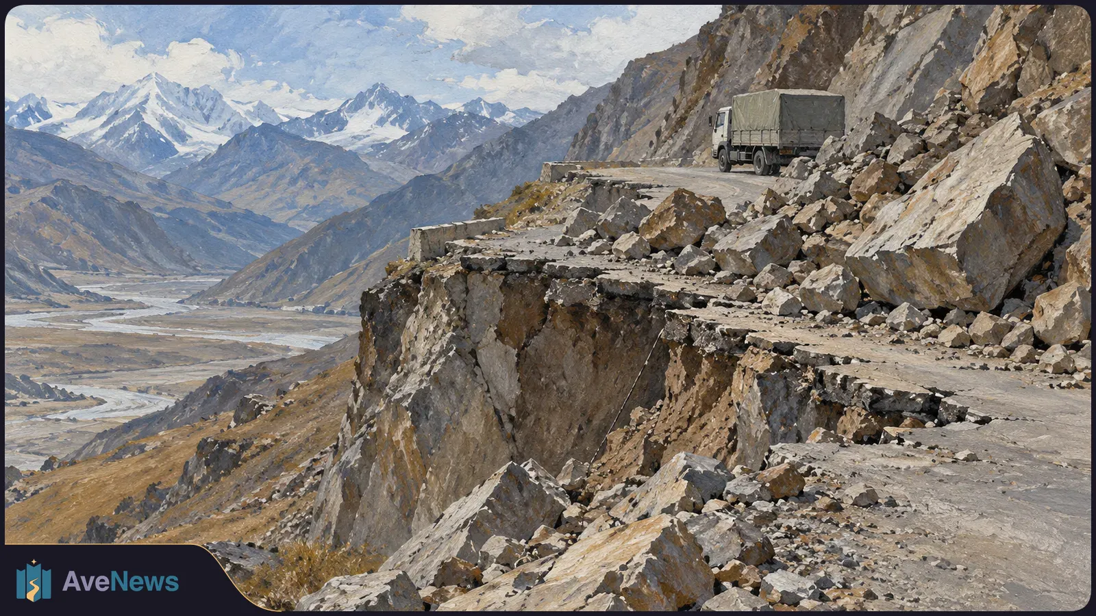 A painted mountain road is strewn with boulders and broken along a steep drop. A covered truck stands farther up the road, with snowy peaks in the distance. SI illustration