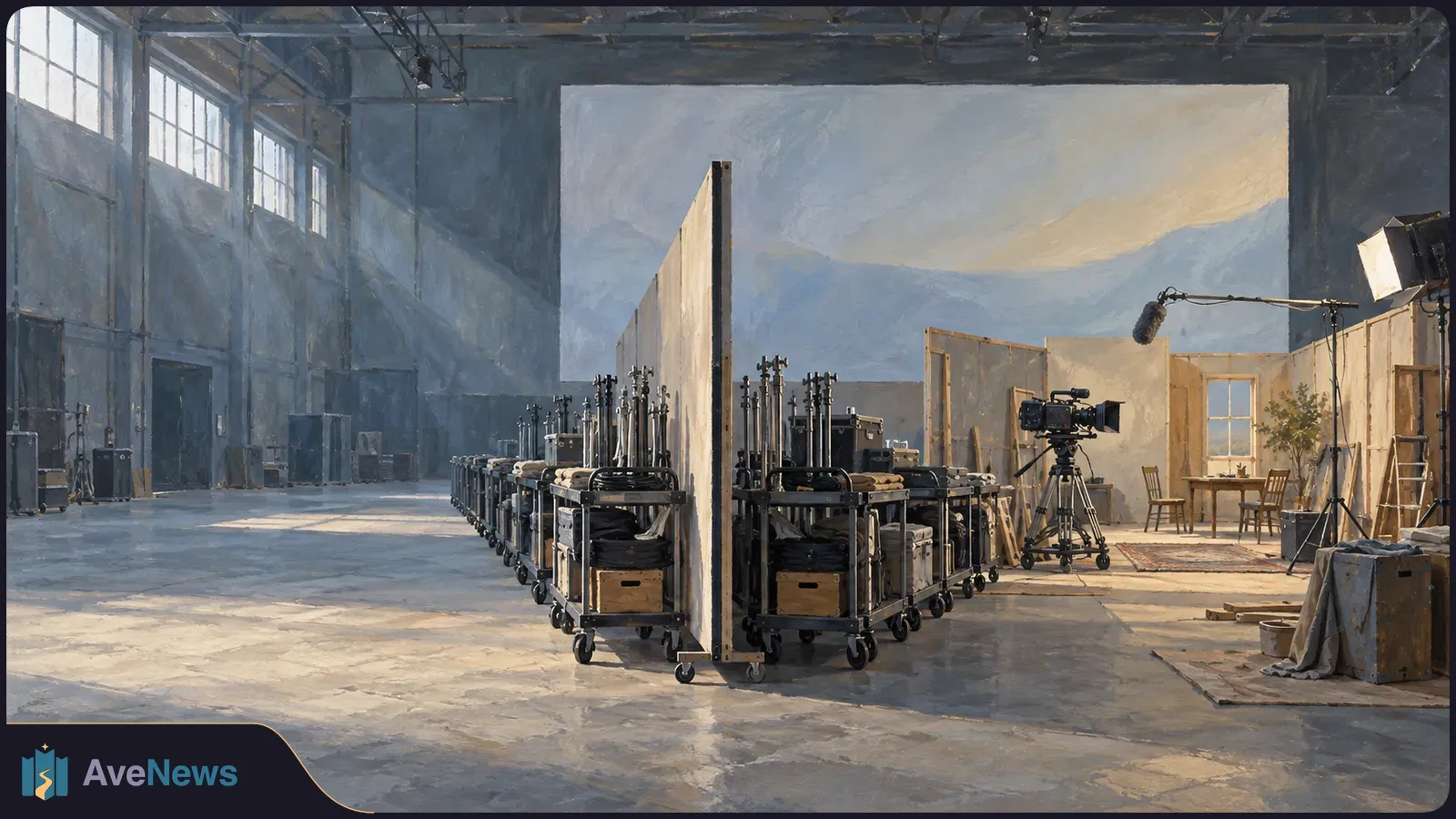 Painted film studio with a camera and boom microphone aimed at a small room set, beside rows of equipment carts in a large warehouse. SI illustration