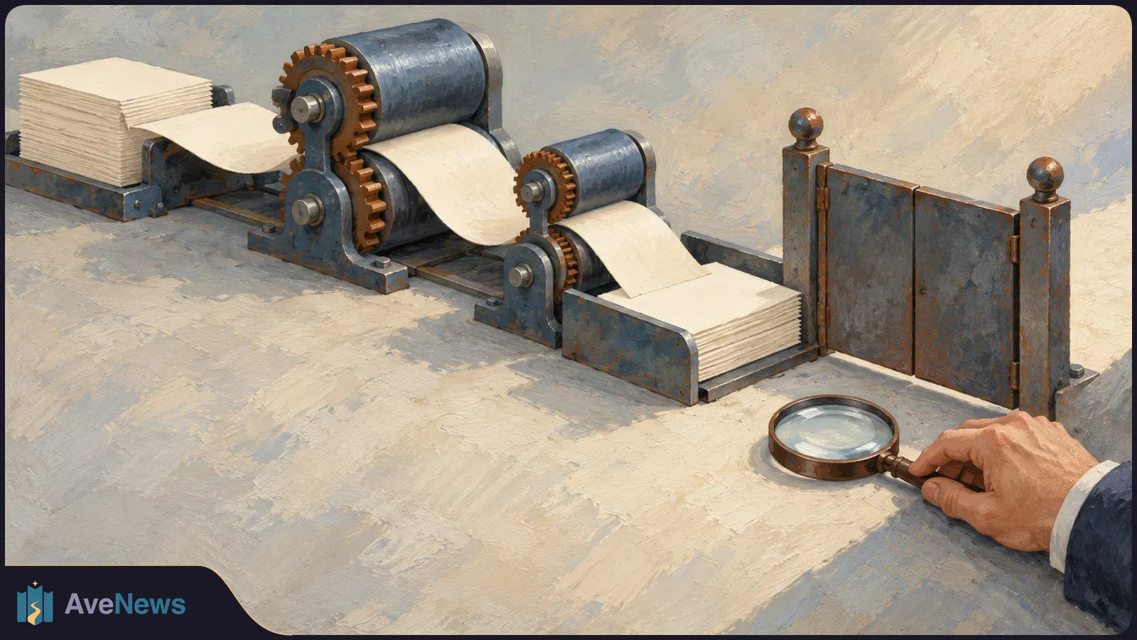 Painted illustration of paper sheets passing through metal rollers and gears into a stack, with a hand holding a magnifying glass nearby. SI illustration