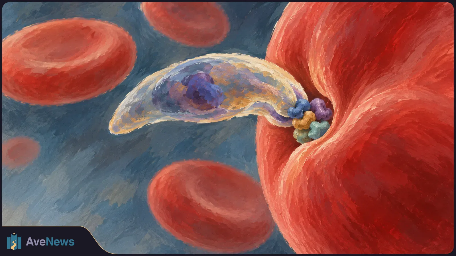 Painted close-up of a curved purple-and-gold form pressing into a red cell’s folded surface, with small colored clusters at the contact point and other red cells nearby. SI illustration