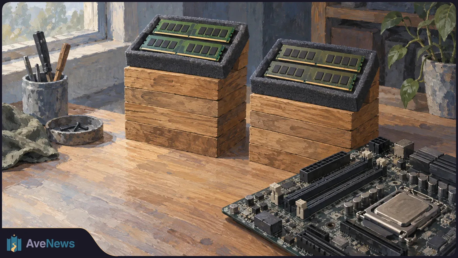 Painterly illustration of four RAM modules in two foam-lined wooden boxes beside a motherboard on a workbench. SI illustration