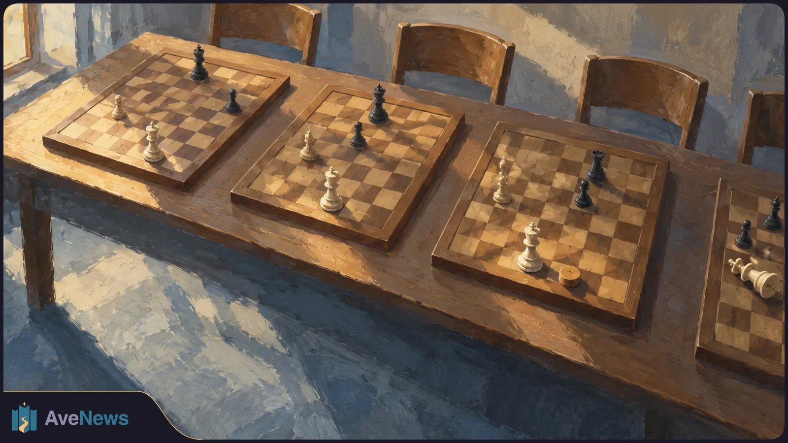 Painterly illustration of three chessboards on a long wooden table, with a fourth partly visible. Black and white pieces are scattered across them; a white piece lies on its side. SI illustration