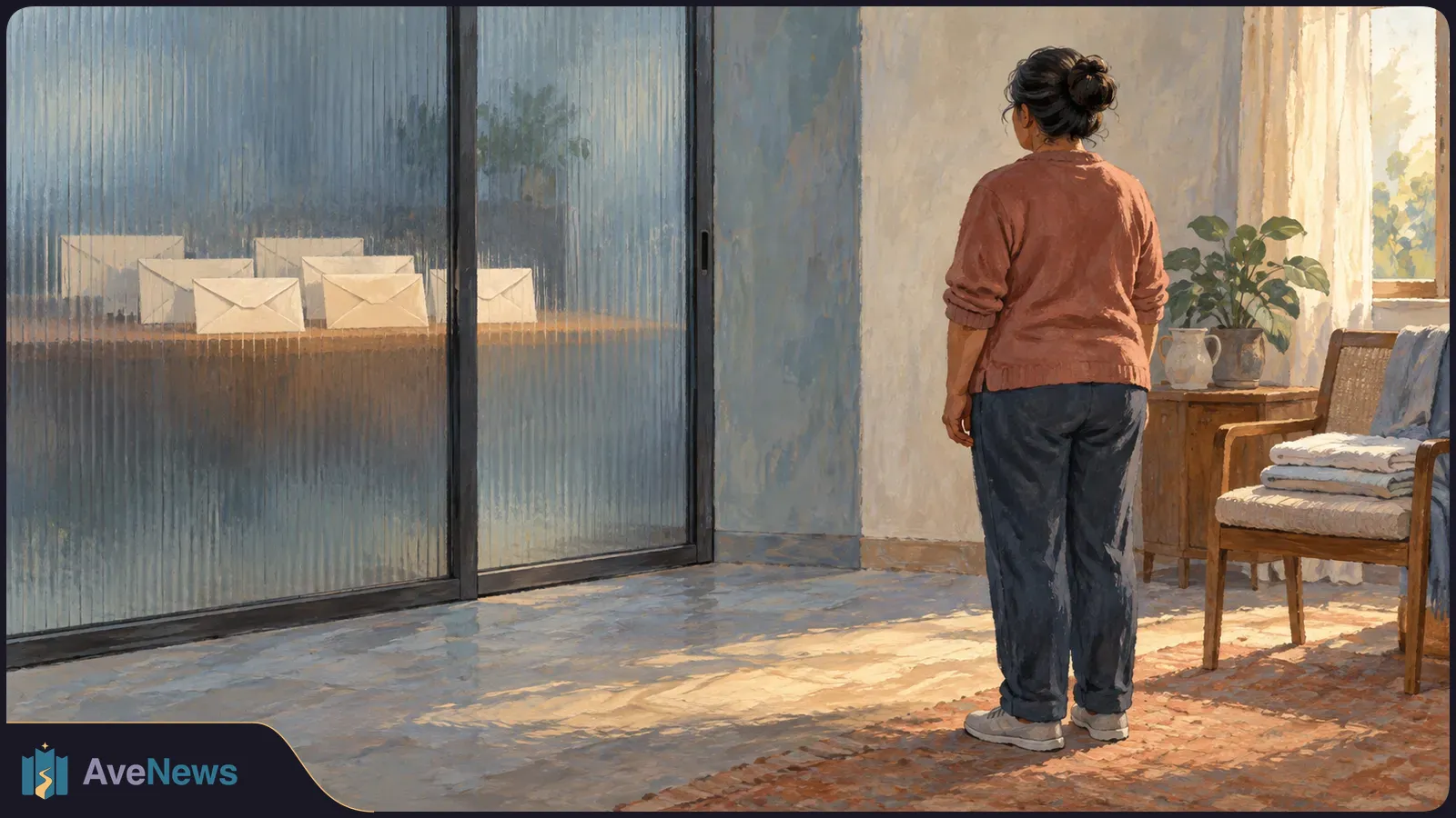 Illustration of a woman seen from behind facing a frosted glass partition, with several envelopes visible beyond it. A chair, plant and sunlit window are nearby. SI illustration