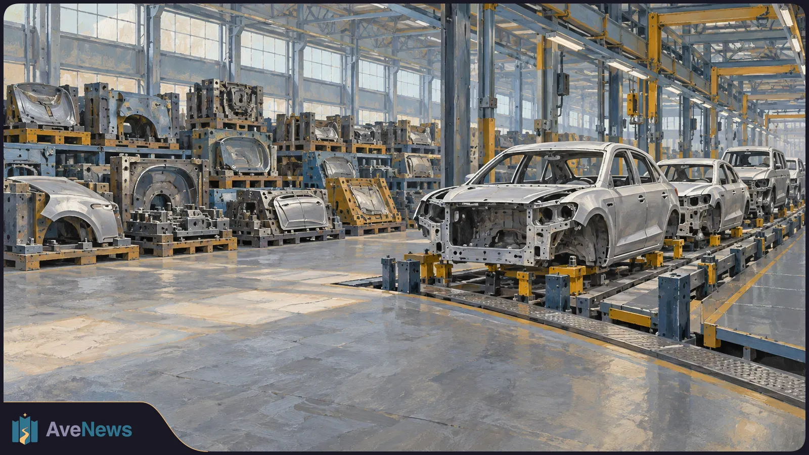 Unfinished car bodies line a factory conveyor beside racks of metal body panels and tooling under yellow overhead cranes. SI illustration