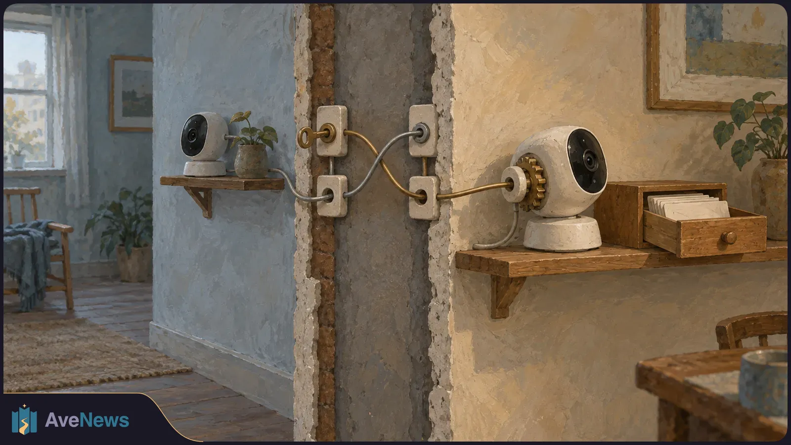 Two indoor cameras sit on shelves on opposite sides of an exposed wall section. Wires cross between wall sockets, and a key is inserted into one socket. SI illustration