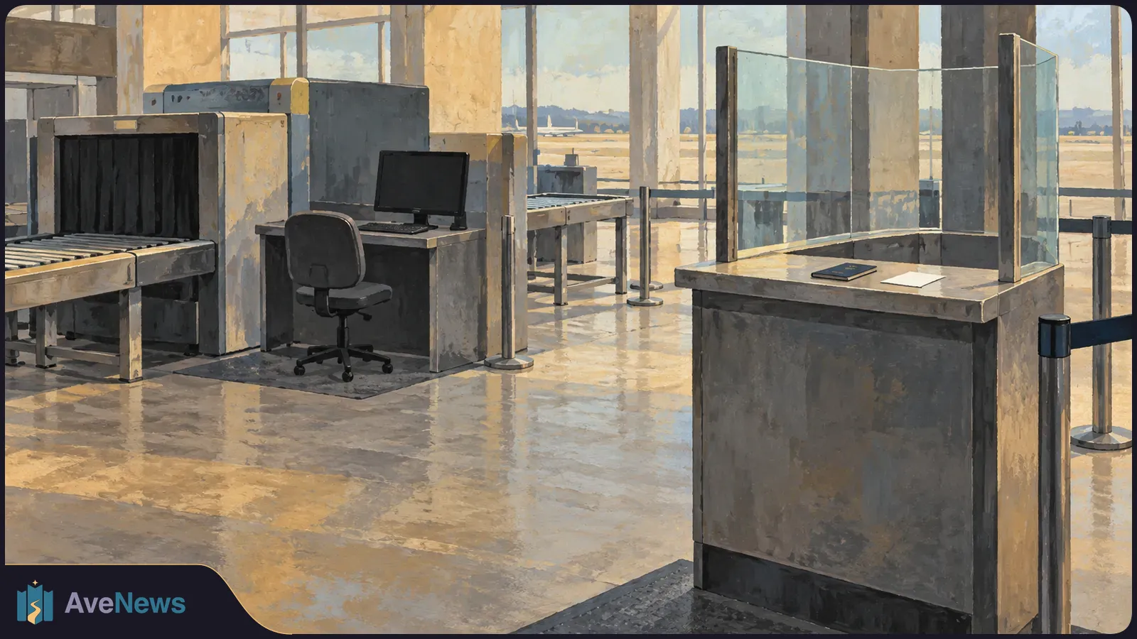 Illustration of an empty airport security checkpoint with an X-ray conveyor, a chair beside a blank monitor, and a glass-screened desk holding a booklet and paper. SI illustration