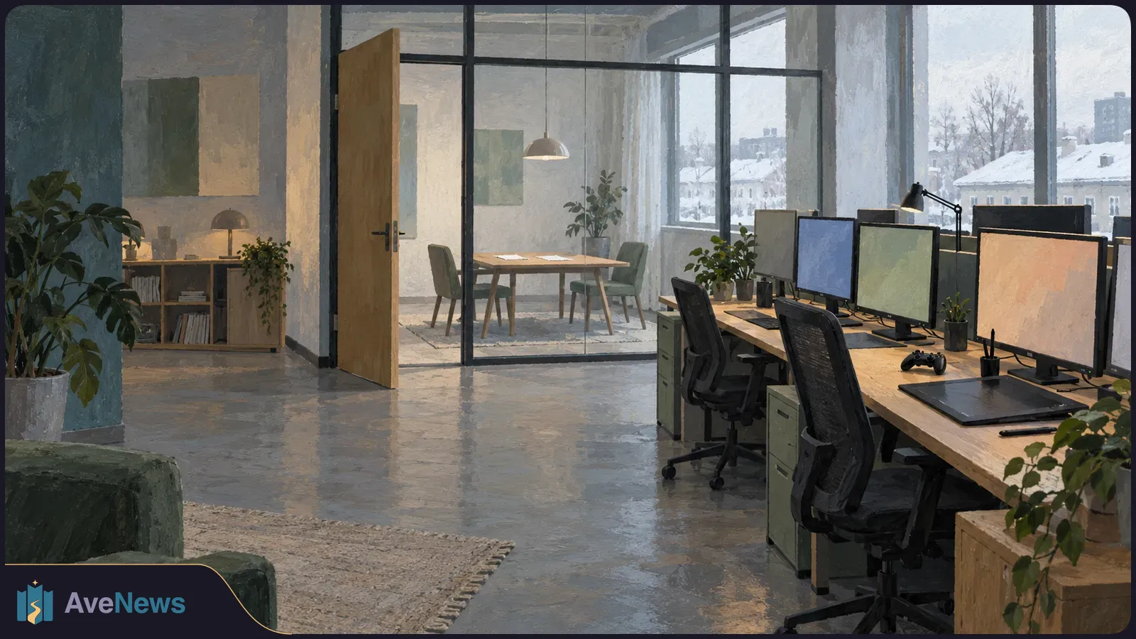 Painted empty office with desks, blank monitors, chairs and a game controller. A glass-walled meeting room and snowy buildings are visible beyond. SI illustration