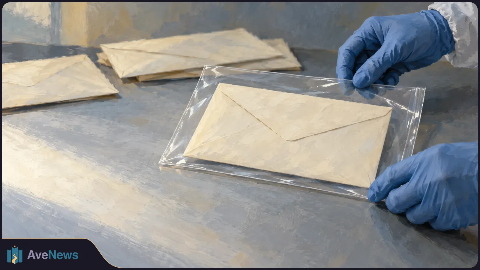 Illustration of blue-gloved hands holding a clear plastic bag containing a cream-colored envelope, with more envelopes on a gray table. SI illustration