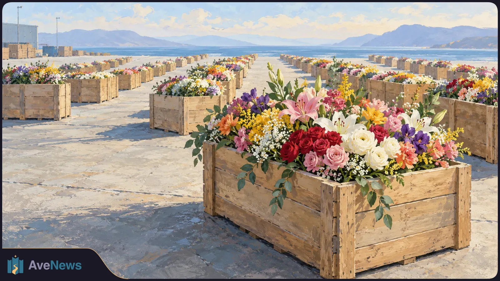 Rows of wooden crates filled with colorful flowers line a paved waterfront, with blue water and mountains in the distance. SI illustration