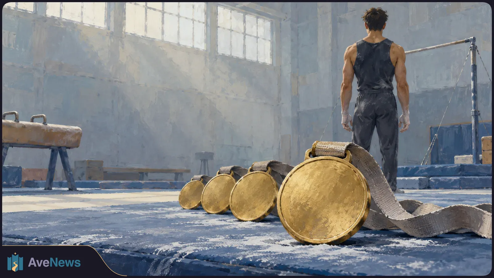 Illustration of a gymnast seen from behind in a sunlit gym, with four gold-colored medals and their ribbons on a mat in the foreground. SI illustration
