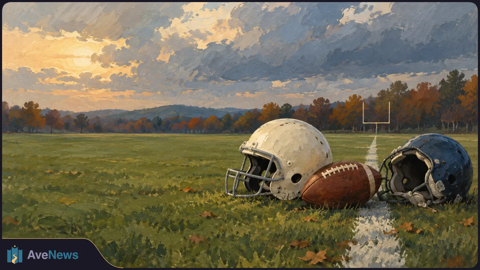 Painting of two football helmets and a football on a grassy field, with goalposts, autumn trees and a cloud-filled sunset sky. SI illustration