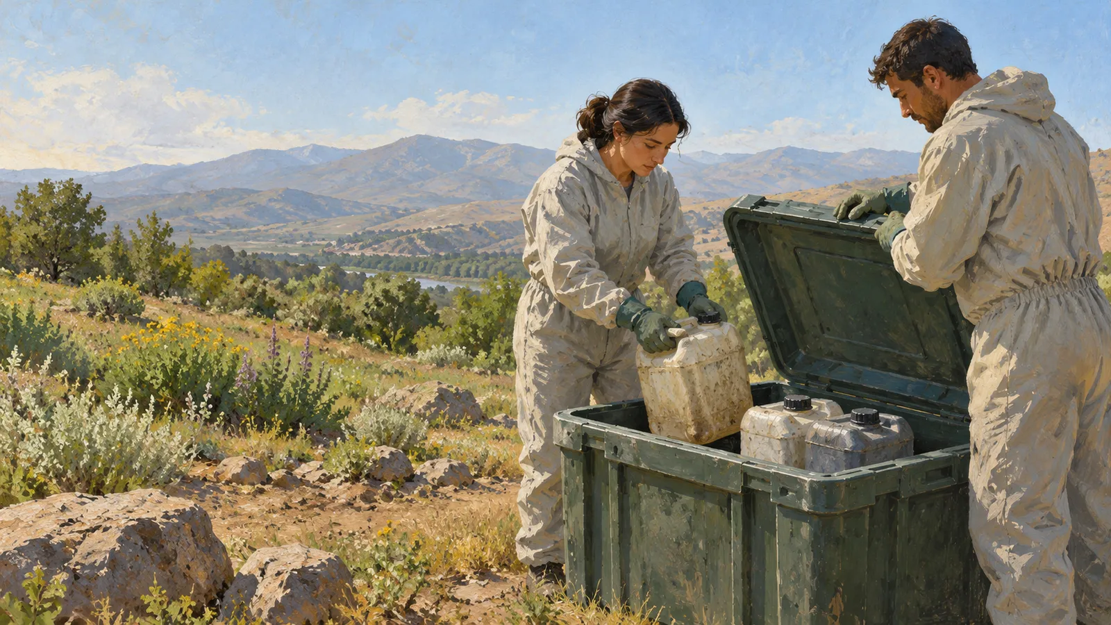 Two people in protective coveralls and gloves handle plastic containers beside an open green crate on a rocky hillside, with mountains in the distance. SI illustration