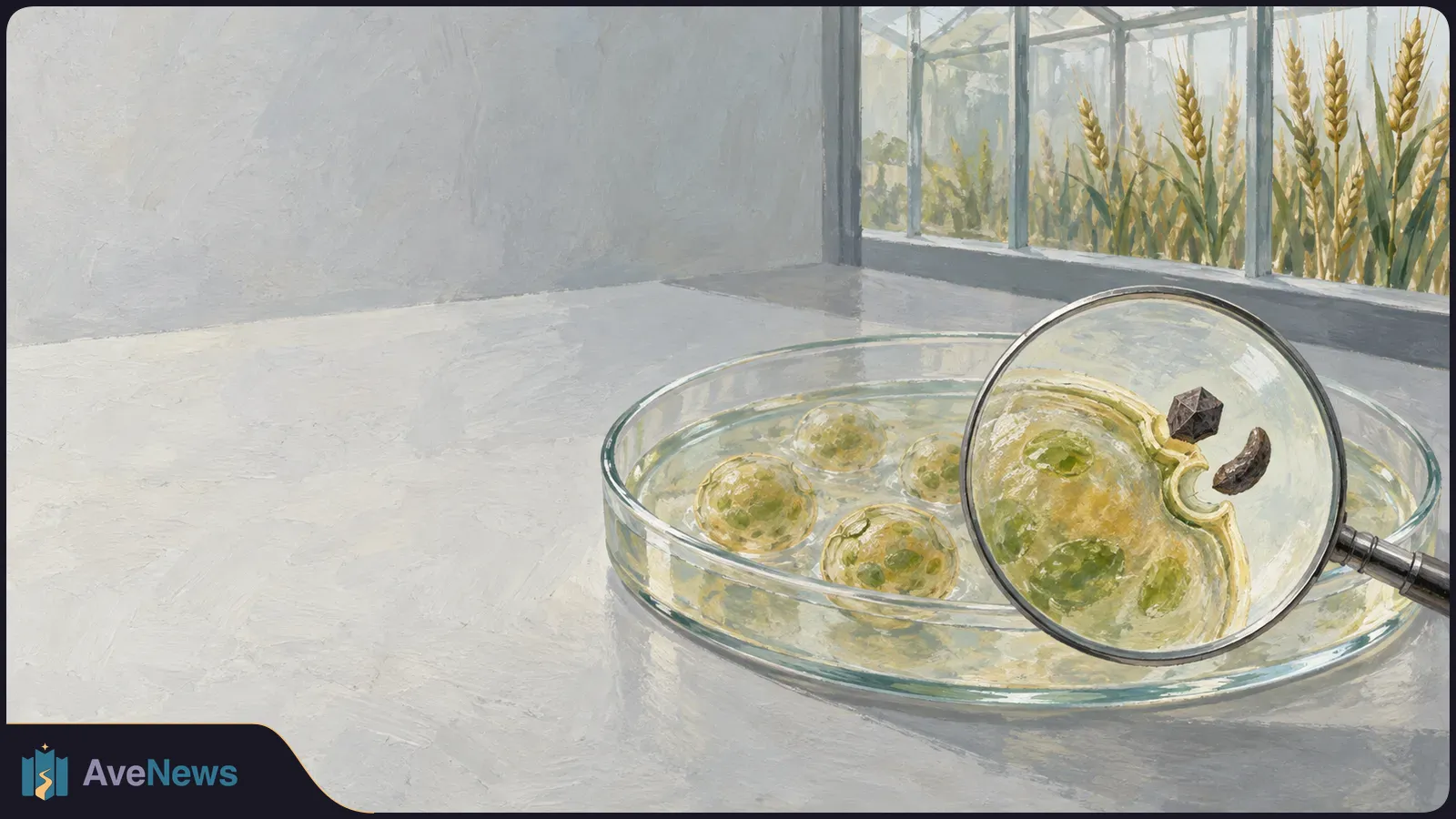 Painted illustration of a glass dish holding round plant cells, with one enlarged under a magnifying glass; wheat stalks stand beyond a window. SI illustration