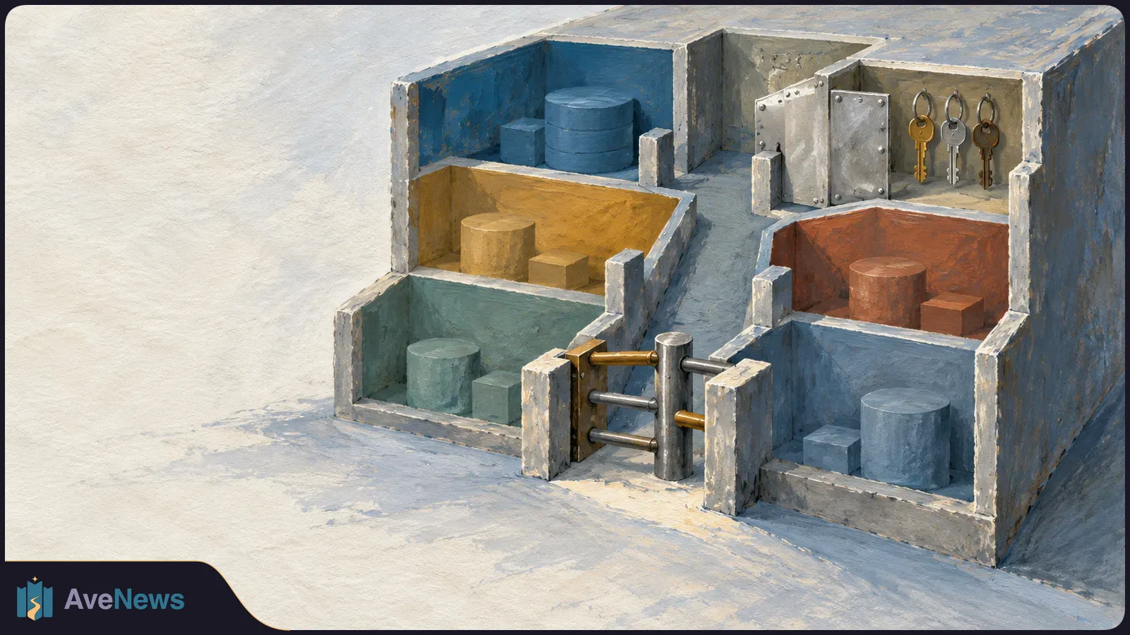Painted cutaway of several colored compartments holding simple blocks, with a metal gate between them and three keys hanging beside a metal panel. SI illustration