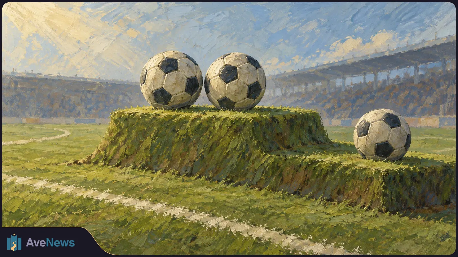 Painterly illustration of three soccer balls on stepped grassy platforms in a stadium, with a white field line in the foreground. SI illustration